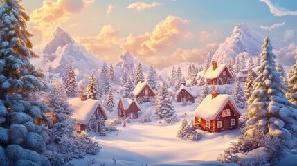 Whimsical 3D Christmas Village Backdrop in Snow