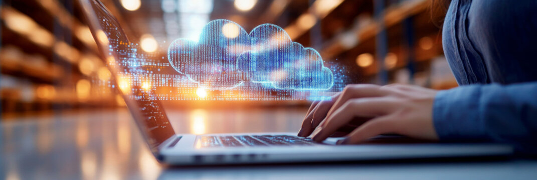 Woman's hands typing on laptop with a digital cloud above.