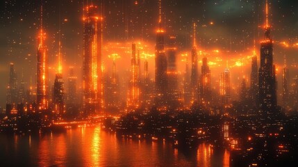 Fototapeta premium futuristic urban landscape at night, showcasing dynamic wireless networks illuminating the skyline, with connections symbolizing advanced technology and connectivity in a vibrant city