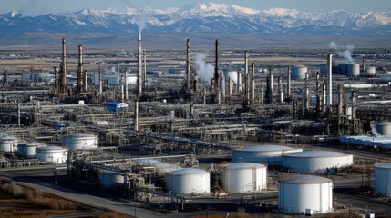 Obraz premium Industrial Process at Oil Refinery under Mountain View