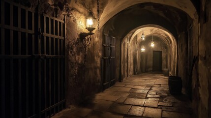 Fototapeta premium Gloomy dungeon with torches, iron bars, and chains evoking medieval atmosphere. AI generated