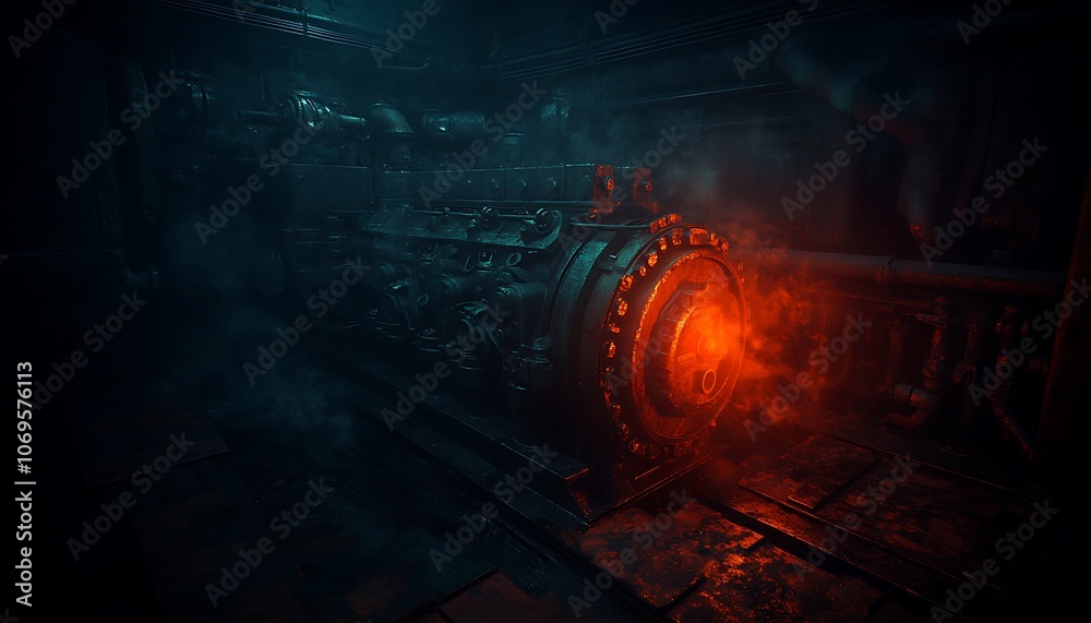 Poster A dimly lit scene featuring a large, glowing mechanism surrounded by shadows, evoking a mysterious, industrial atmosphere.