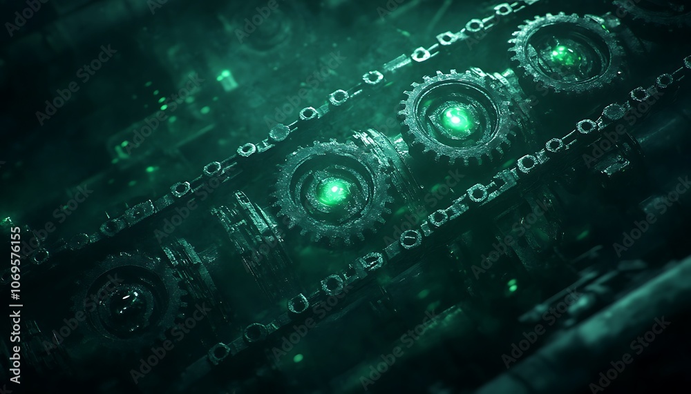Fototapete a close-up view of intricate gears glowing with green light, set against a dark, textured background