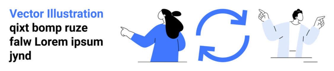 Two people interacting with repeat arrows symbolize refresh and continuous process. Ideal for team collaboration, feedback loops, project management, process optimization, workflow improvement