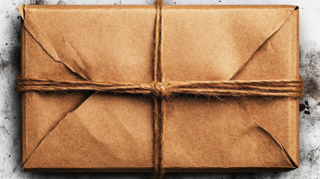 A close-up of a rustic package tied with twine.