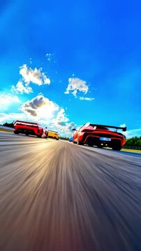 Fast Cars Racing on Track Beneath Bright Blue Sky with Fluffy Clouds and Incredible Speed