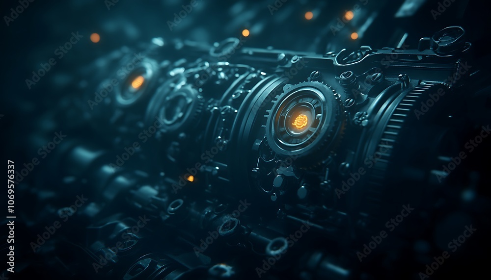 Aufkleber a futuristic close-up of intricate machinery showcasing gears and glowing elements in a dark, atmosp