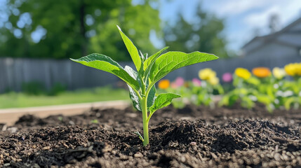 seedling thriving in garden bed, surrounded by colorful flowers, symbolizes growth and renewal. vibrant green leaves contrast beautifully with rich brown soil