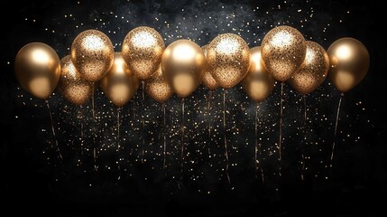 gold balloons and confetti cascading against a black backdrop, creating a festive and joyful atmosphere perfect for celebrations, conveying a sense of excitement and holiday cheer