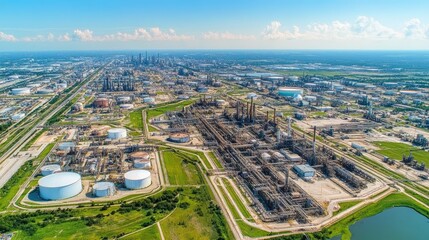 Fototapeta premium Aerial View of Industrial Complex with Pipelines and Tanks