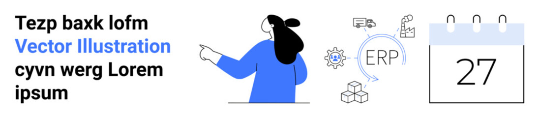 Woman pointing at ERP system process icons including truck, gear, boxes, and calendar with date 27. Ideal for business automation, workflow management, enterprise resource planning, logistics