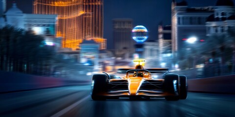 Fototapeta premium Formula One Race Car Speeds Through Las Vegas City Lights at Night