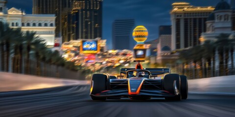 Fototapeta premium Formula One Race Car Speeds Through Las Vegas City Lights at Night