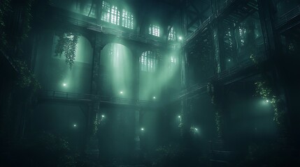 Naklejka premium A hauntingly beautiful, dimly lit interior filled with shadows, vines, and beams of light filtering through a ruined structure.