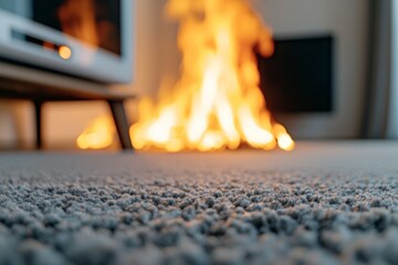 A fire is burning in a living room
