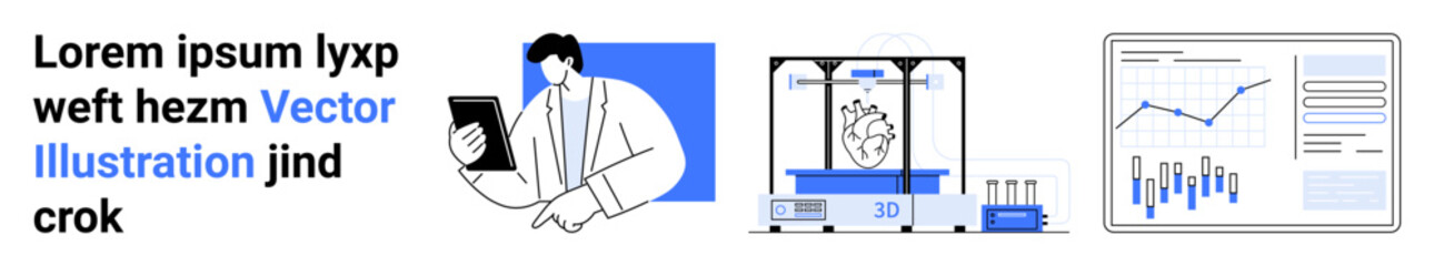 Doctor holding a tablet, 3D printer creating a heart, and a monitor displaying medical data. Ideal for healthcare technology, medical innovation, telemedicine, data analysis, 3D printing in