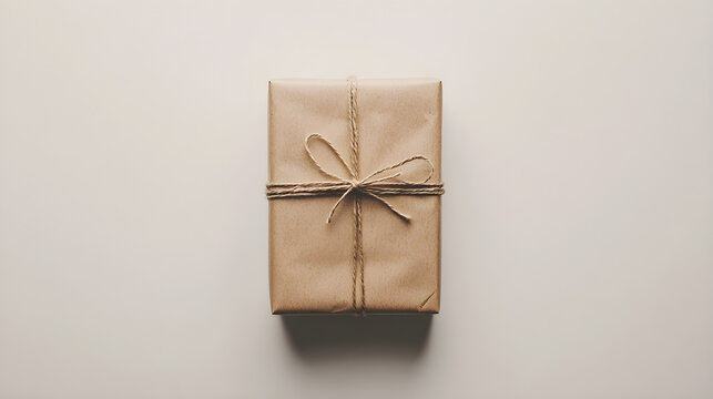 A minimalist gift wrapped in brown kraft paper with a simple string bow