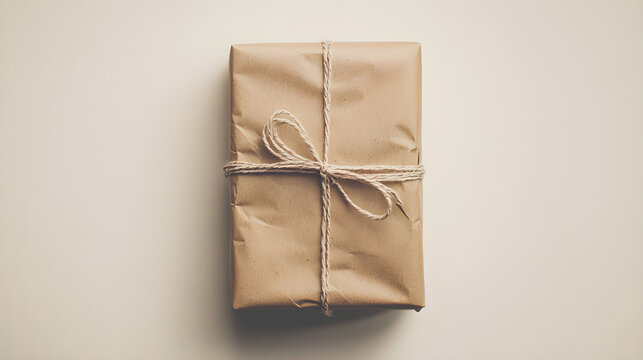 A minimalist gift wrapped in brown kraft paper with a simple string bow