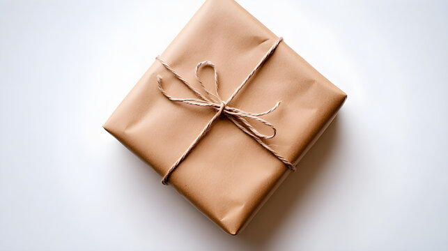 A minimalist gift wrapped in brown kraft paper with a simple string bow