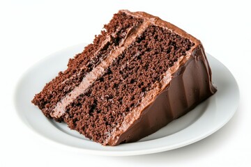 A slice of chocolate cake on a white plate