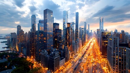 Obraz premium The panoramic view reveals a sprawling cityscape aglow with the warm hues of dusk, shimmering skyscrapers standing tall amidst a cascade of twinkling streetlights and bustling traffic below.
