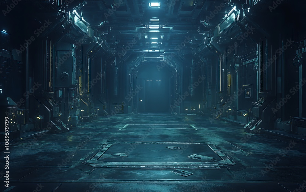 Poster A dimly lit, futuristic corridor with metallic structures, creating a sci-fi atmosphere.