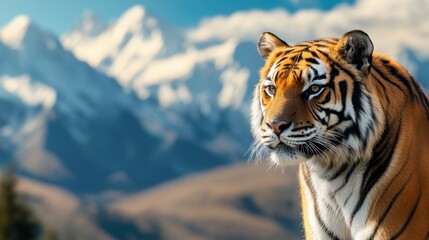 Fototapeta premium Majestic tiger in front of snow-capped mountains, highlighting the beauty and strength of wildlife amidst breathtaking natural scenery.