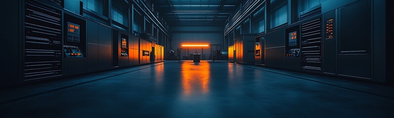 A futuristic, dimly lit industrial space featuring glowing elements, emphasizing a blend of technology and ambiance.