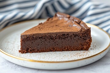 A slice of chocolate cake on a white plate