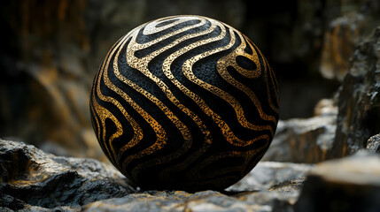 3D Abstract Sphere with Golden Pattern on a Rock