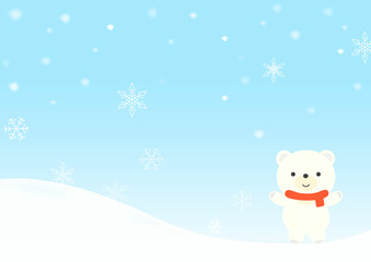 雪景色とかわいい白くまの背景イラスト