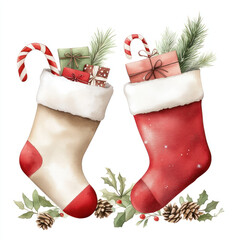 Watercolor Christmas stockings filled with gifts and greenery create festive atmosphere. Perfect for holiday decor and seasonal celebrations