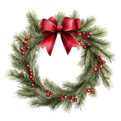beautiful watercolor Christmas wreath featuring pine branches, red berries, and festive red bow, perfect for holiday decorations and seasonal cheer