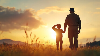 A child salutes their veteran parent on veterans day in a heartwarming scene