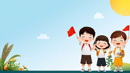 Fototapeta premium Children joyfully wave flags to celebrate veterans day parade