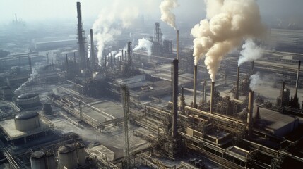 Industrial plant with smoking chimneys in foggy day, aerial view.