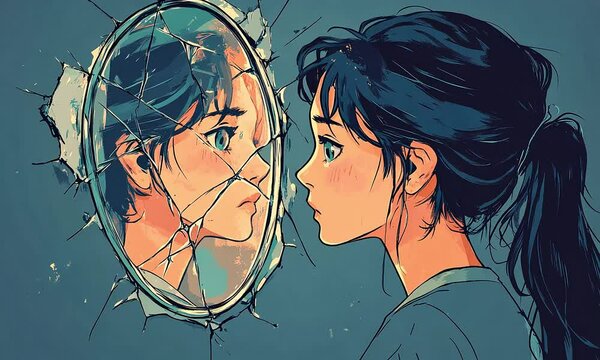 Girl Facing Broken Mirror Reflection illustration cartoon with ai generated.
