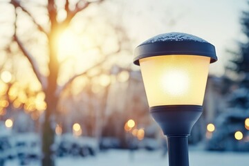 A street light is lit up in the snow