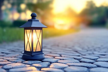 A lantern is lit up on a stone path