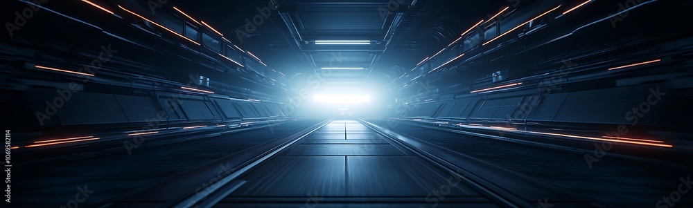 Poster a futuristic corridor illuminated by bright light, featuring sleek lines and high-tech elements, cre