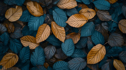 A close-up view of a collection of fallen leaves in shades of brown and blue.