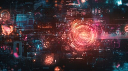 Futuristic technology interface with HUD elements and icons. Mixed media.