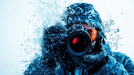 Photographer captures action burst with camera amidst icy splash, creating dynamic and adventurous scene frozen in time.