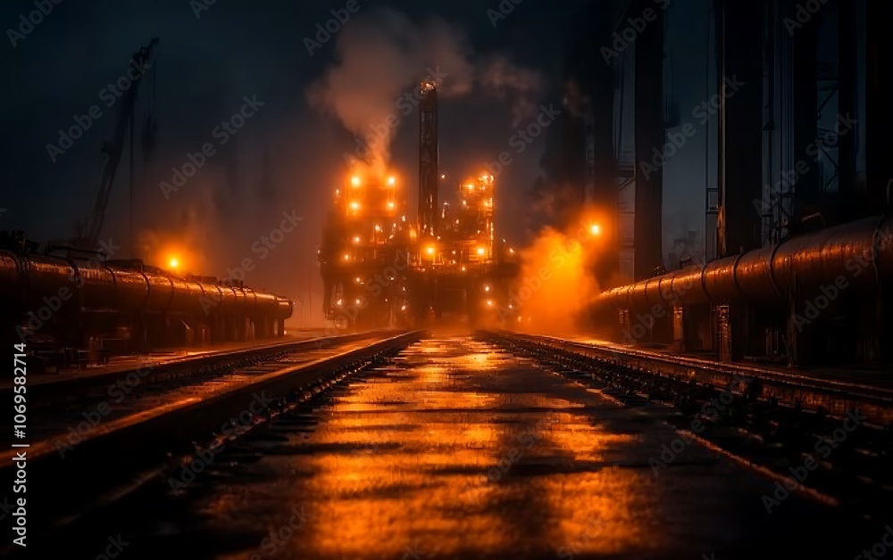 Poster a dimly lit industrial scene featuring glowing lights and steam, creating a moody atmosphere along a