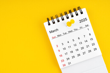 March 2025 Monthly desk calendar for 2025 year with thumbtack.