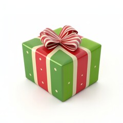 Cheerful 3D Cartoon Gift Box in Festive Christmas Colors and Ribbon on White Background