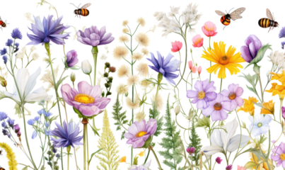 Seamless pattern with little wild meadow flowers, leaves and bees. on transparent background