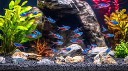 Colorful Neon Tetras Swimming in a Freshwater Aquarium
