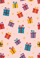 Festive Gift Pattern: Childish Doodle Art, Seamless Colorful Presents Design, Pink Starry Background, Hand-Drawn Style, Simple Bow Decorations, Cheerful Color Palette
