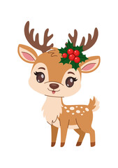 Cute Christmas deer standing. Cartoon childish smiling deer with decorations. Isolated on white background.